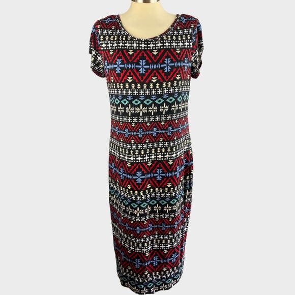 Cato Womens Large Lined Dress Geometric Pattern Rayon Spandex Red Black Blue - Picture 1 of 8
